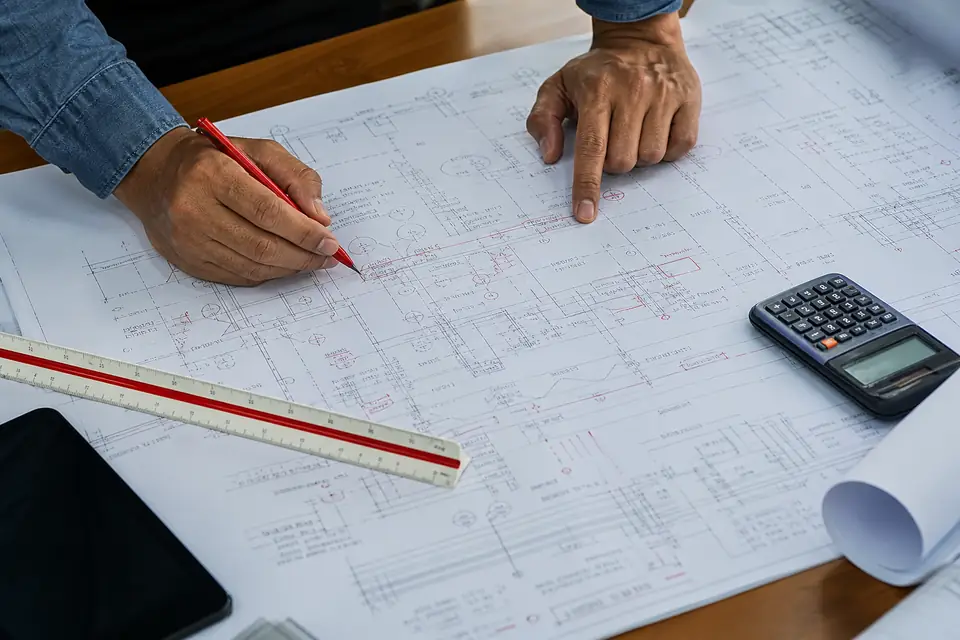 Engineer reviewing permit drawings with a scale ruler